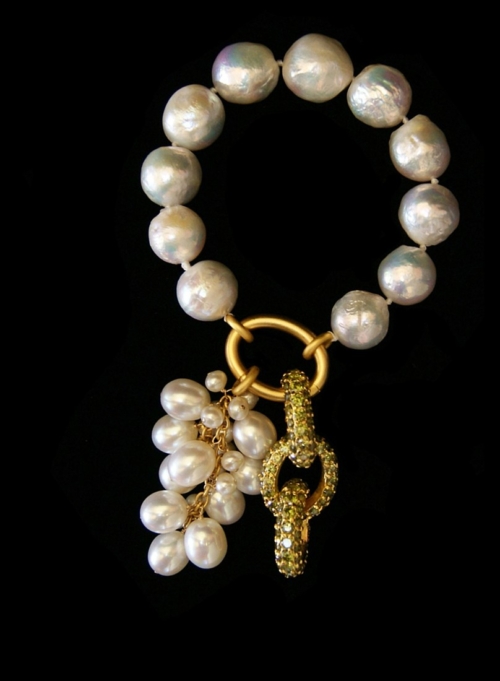 Bracelet, White Cultured Freshwater Semi Round Pearls, Tassel, Pave Drop