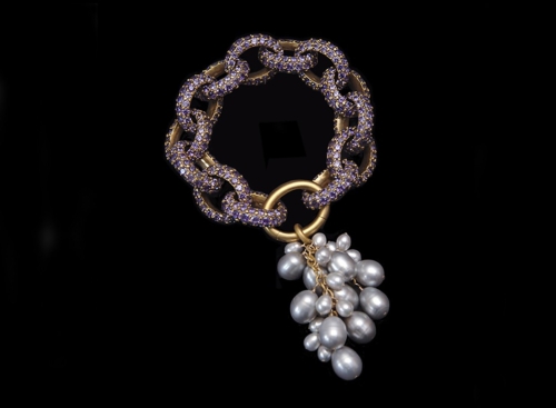 Bracelet, Pave, Purple with a Gray Cultured Pearl Tassel