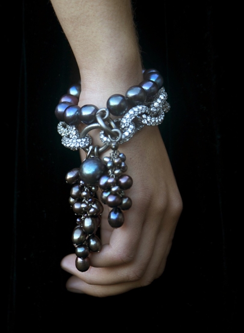 Bracelets, Pave, clear - Bracelet, Black Cultured Freshwater Pearls, Drops Tassels