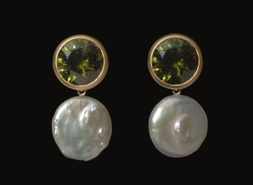 Earrings, Clips, 15mm Green Cubic Zirconia With White Cultured Coin Pearl
