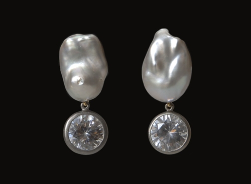 Earrings, Clips, White Cultured Freshwater Free Form Pearl with Cubic Zirconia Drop