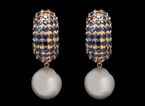 Earrings, Clips Pave, Sapphire, White Cultured Freshwater Baroque Drop Pearl
