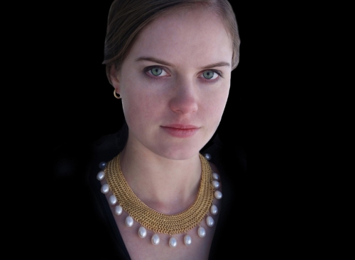 Necklace, Mesh Collar with White Cultured Freshwater Egg Pearls