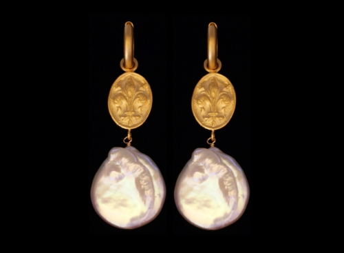 Hoops, Fleur de Lis, With White Cultured Freshwater Coin Pearl, 18kt vermeil