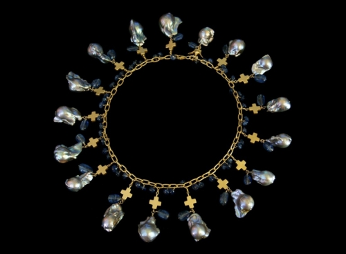 Necklace, Tarot, Aeon Charms, Gray Baroque Pearls, Kyanite