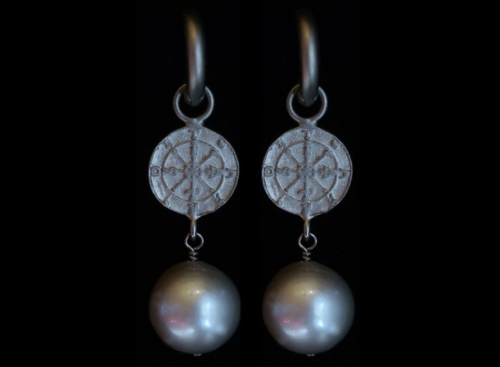 Wheel Of Fortune Tarot Charm and Gray Pearl Earrings