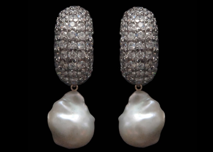 Pave and Baroque Pearl Clip Earrings