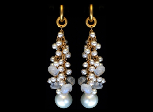 Hoops, White Cascading Cultured Freshwater Pearls And Moonstones
