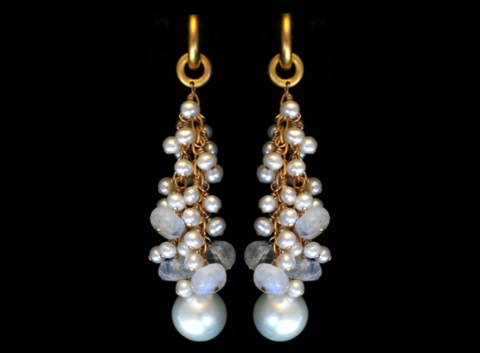 Hoops, White Cascading Cultured Freshwater Pearls And Moonstones