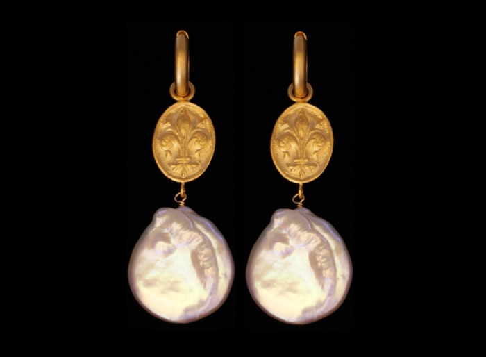 Hoops, Fleur de Lis, With White Cultured Freshwater Coin Pearl, 18kt vermeil