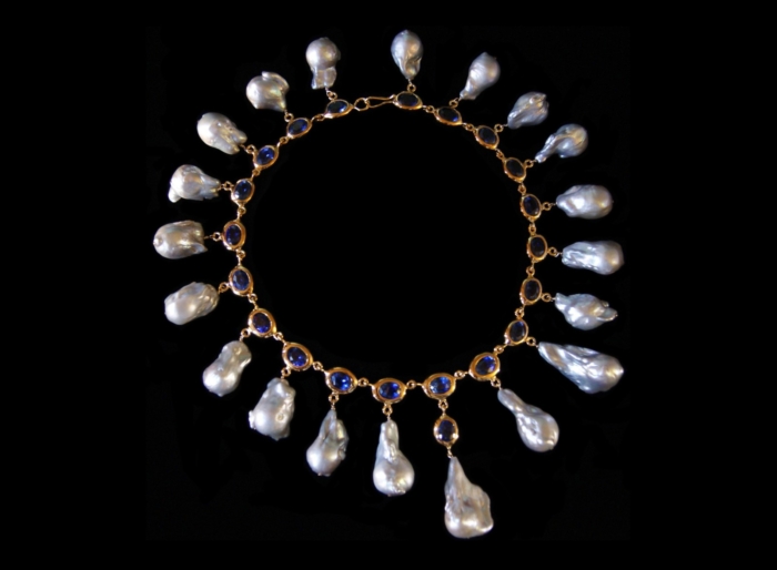 Necklace, Sapphires and Gray Cultured Freshwater Pearls